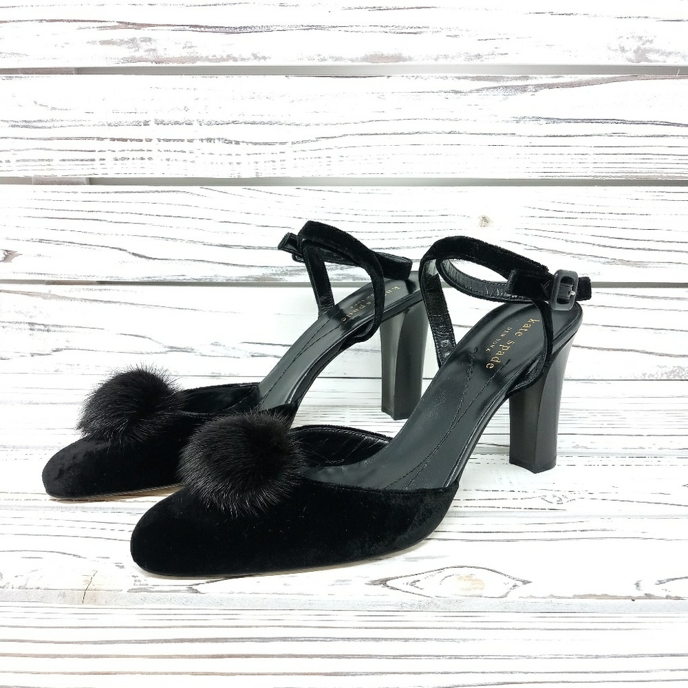 Kate Spade New York Velvet Pom-Pom Ankle-Wrap Heel